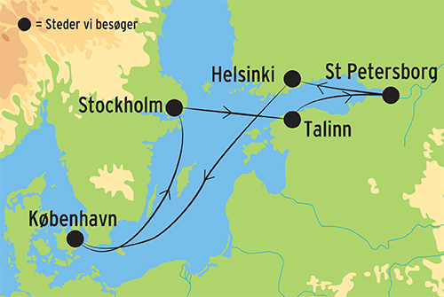 Kort over krydstogtrejsen fra København til Østersøen